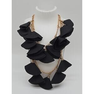 Double Layered Cato Gold Tone Black Fabric Fan Floating Tassels Chain Necklace